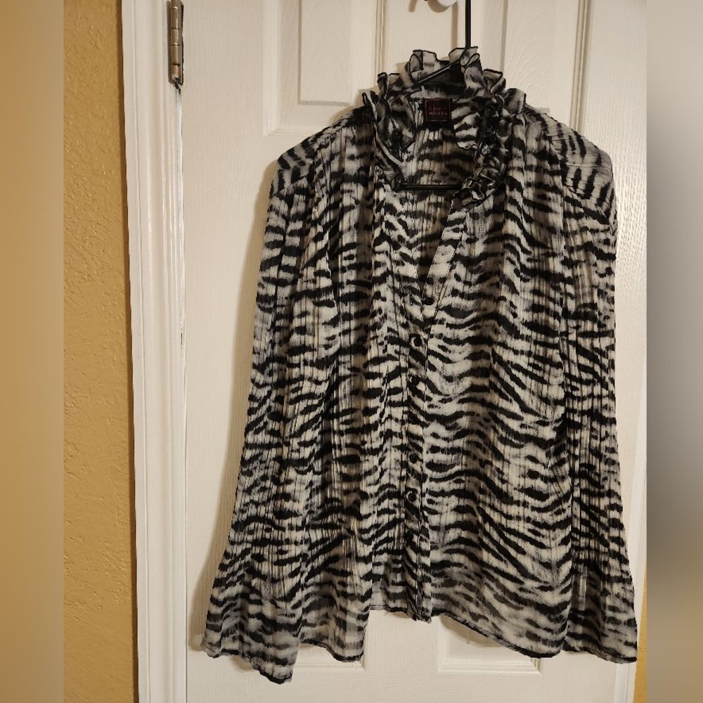 Womens Black & White Zebra Print Ruffle Neck Blouse